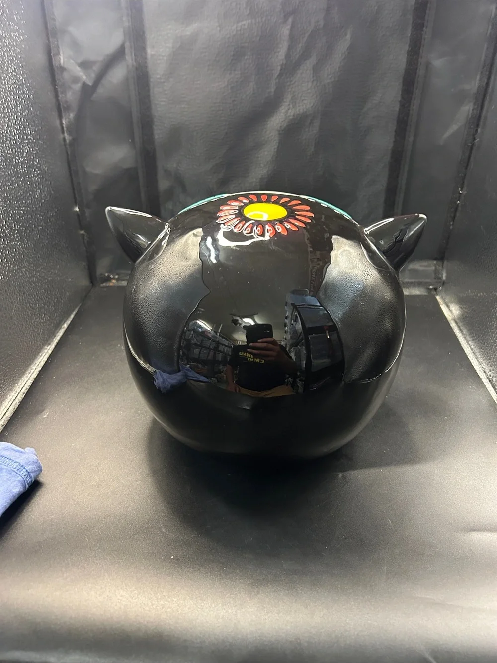Blue Sky Black Ceramic Cat Bowl with Colorful Floral Eyes
